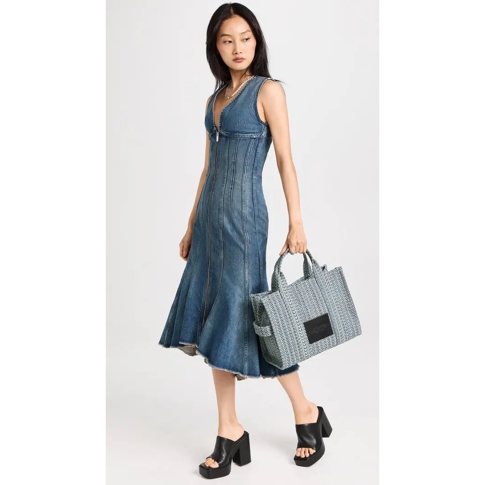 Marc Jacobs Wave Denim Dress Blue Zip Front Paneled Midi Raw Hem Womens Size 4